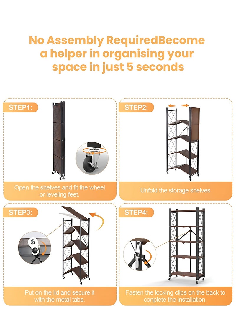 رف تخزين قابل للطي بخمسة مستويات مع عجلات، رف تنظيم متحرك محمول للمنزل والمطبخ والمكتب. - Image 3